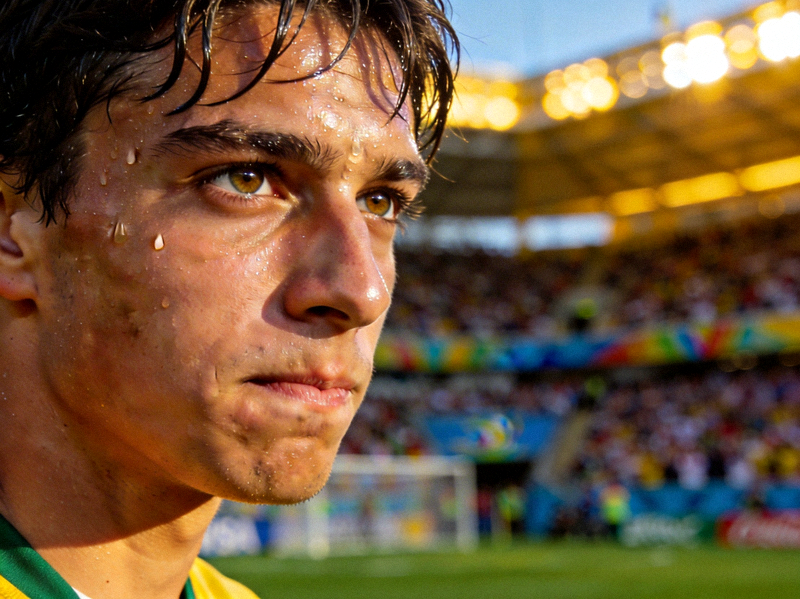 世界杯新星球员特写 - 年轻球员在赛场上的专注表情