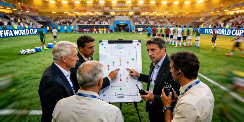 足球世界杯赛场边教练团队紧张指挥战术