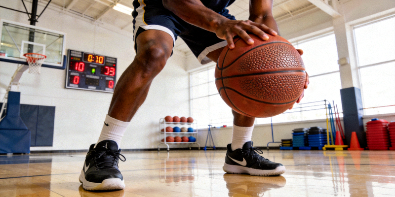 篮球运动员在训练馆进行赛前投篮热身训练