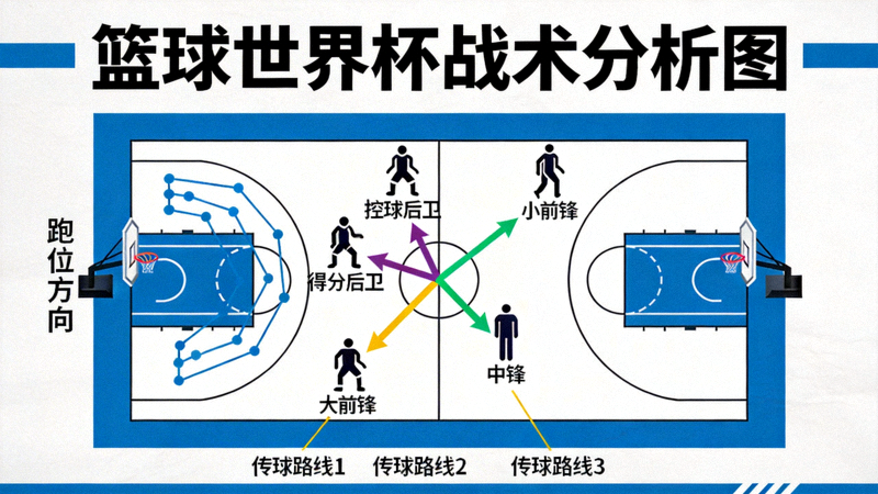 篮球世界杯战术分析图，展示球队跑位和传球路线