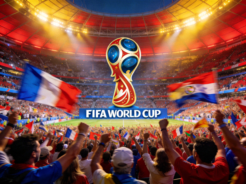 世界杯赛场全景，观众席座无虚席，气氛热烈，中央是巨大的世界杯官方标识