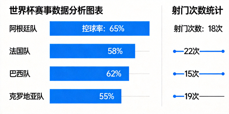 世界杯赛事数据分析图表 - 展示球队控球率与射门次数