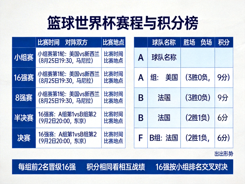 篮球世界杯赛程与积分榜 - 实时更新各小组排名与出线形势