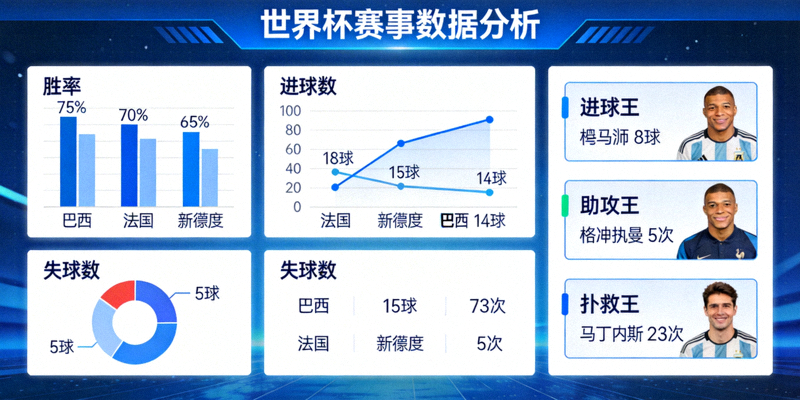 世界杯赛事数据分析图表 - 展示球队表现与球员统计